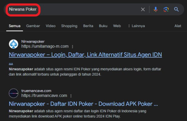Kolom Pencarian Nirwana Poker di Browser 