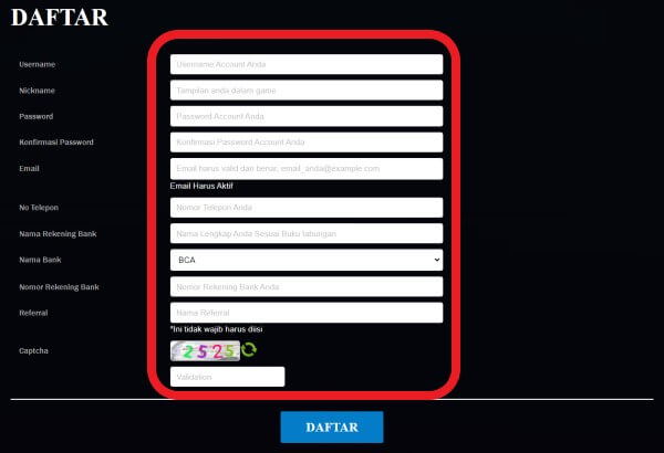 Halaman Menu Formulir Pendaftaran Nirwanapoker 